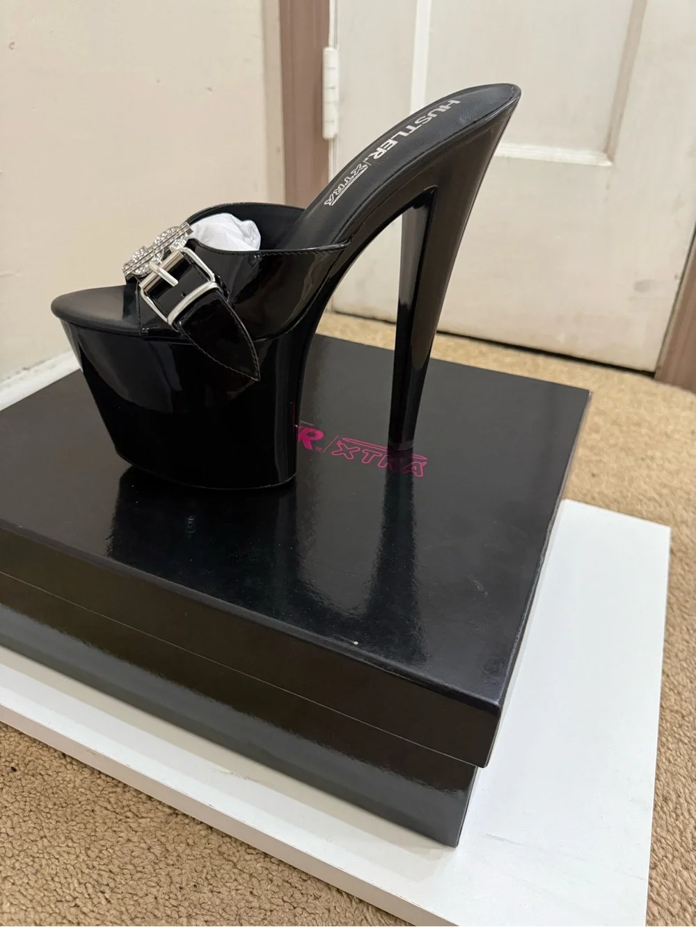 YRU Black Patent Platform Mule Heels with Crystal Dollar Buckle